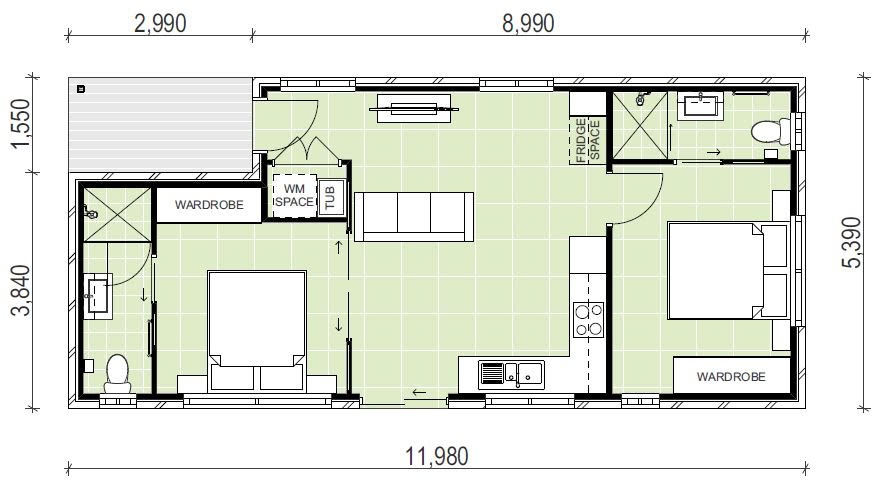 narrow granny flat floor plan design