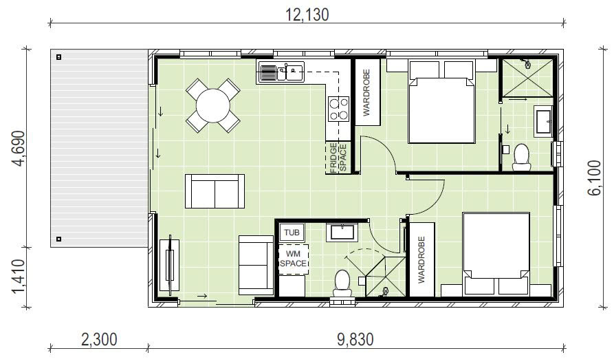 Granny flat floor plan with 2 bedrooms 2 bathrooms