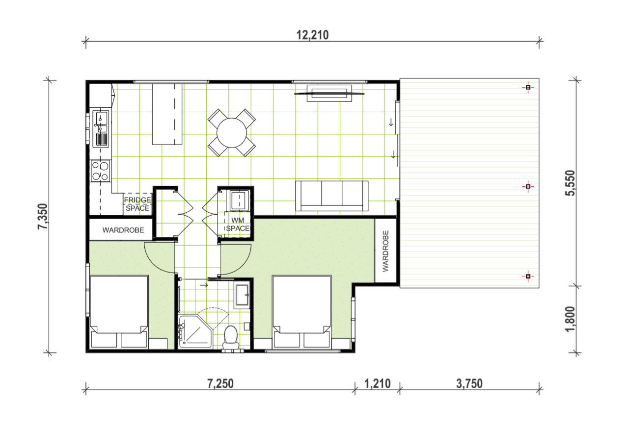 2 bedroom 1 bathroom granny flat floor plan