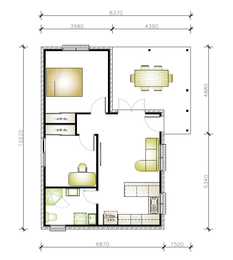 Granny flat floor plan with patio