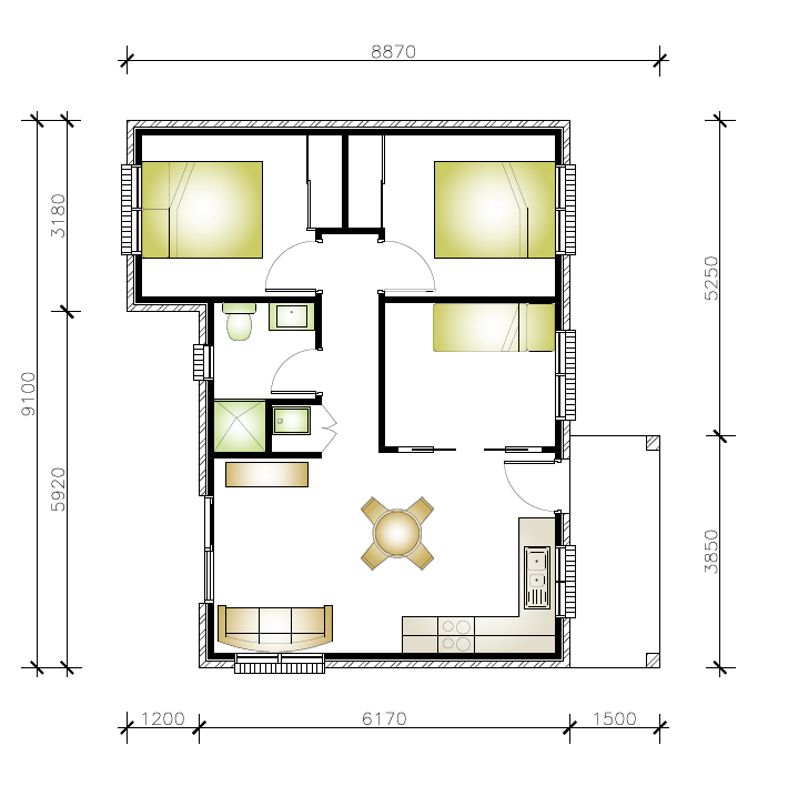 8870 x 9100 three bedroom, one bathroom granny flat