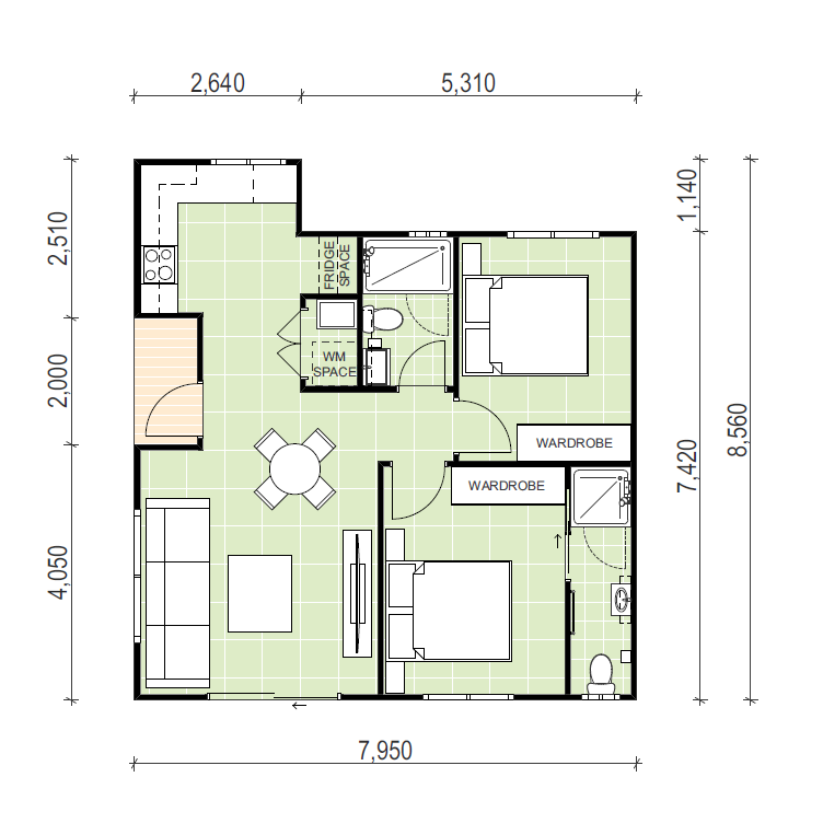 Granny flat floor plan design with 2 bedrooms and 2 bathrooms