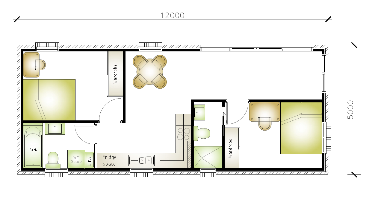 Narrow granny flat design with 2 bedrooms