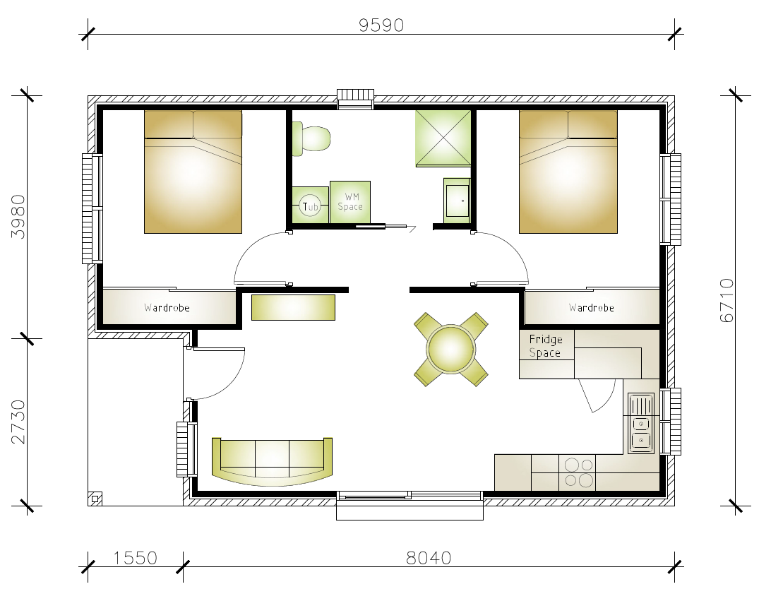 granny flat floor plan with 2 bedrooms