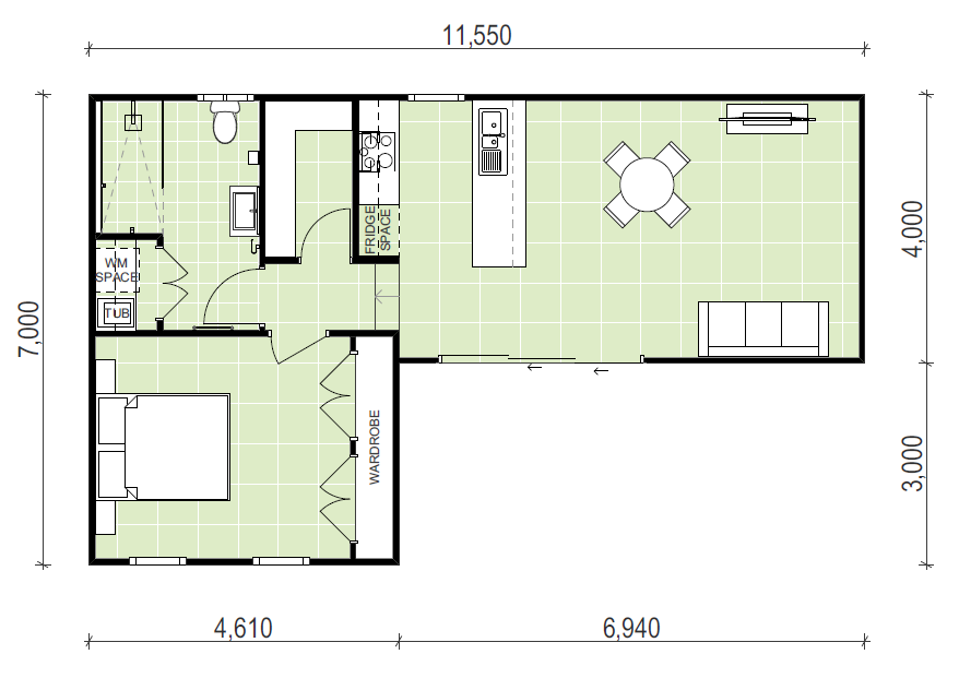 L shape granny flat floor plan