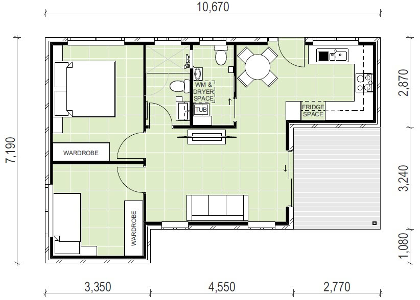 Granny flat floor plan design with patio