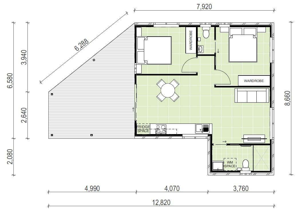 12820 x 8660 2 Bedroom, 1 bath floor plan