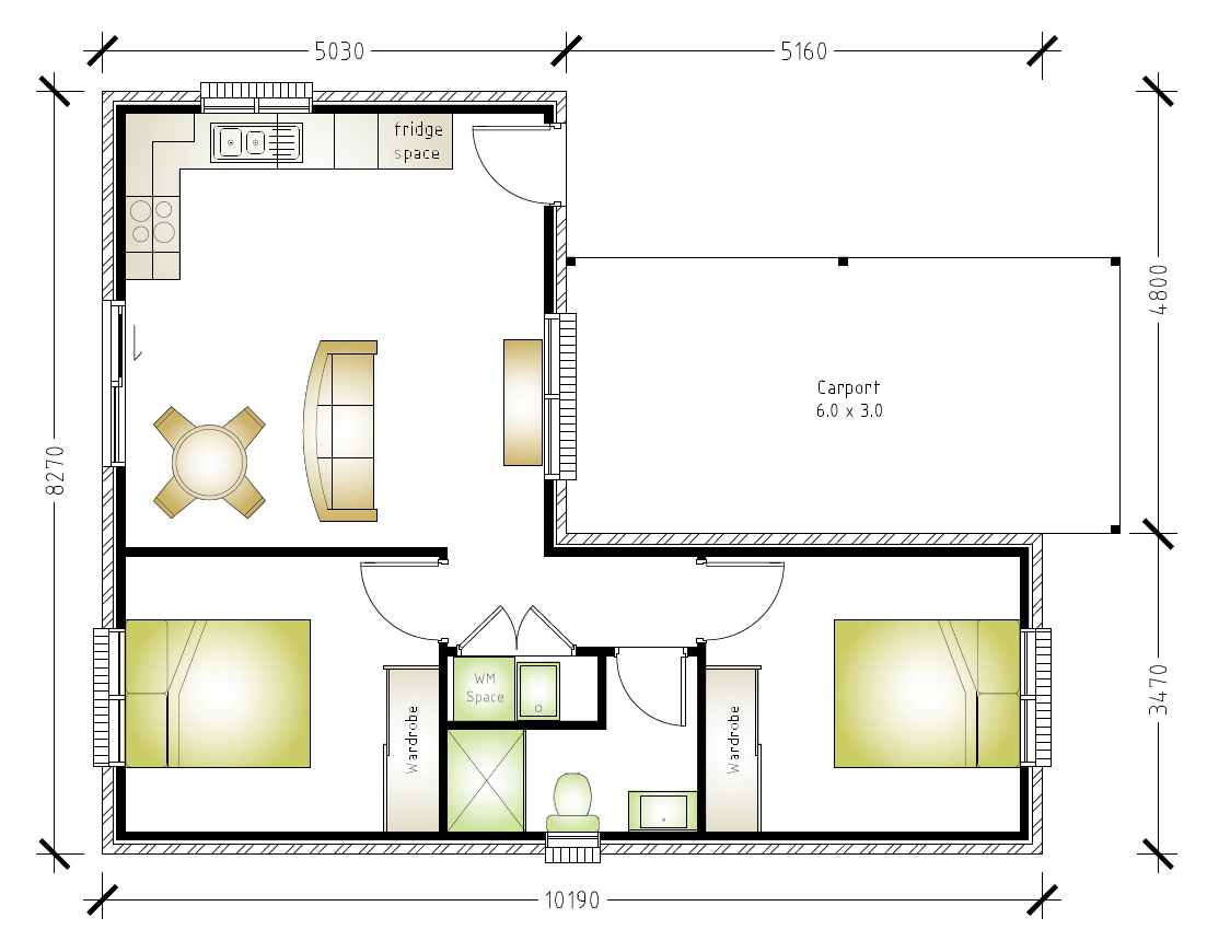 L shape granny flat floor plan