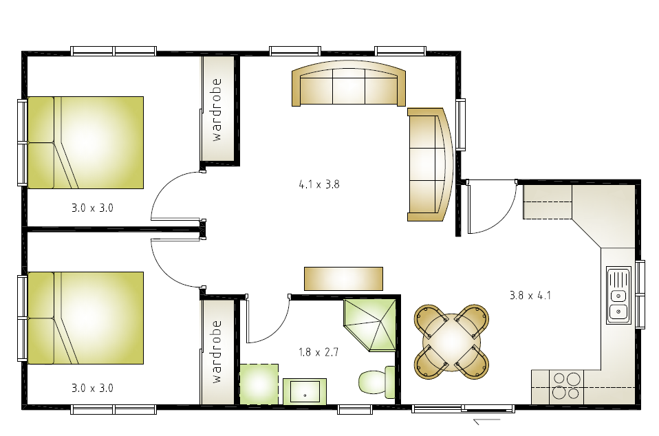 2 bedroom, 1 bath granny flat floor plan