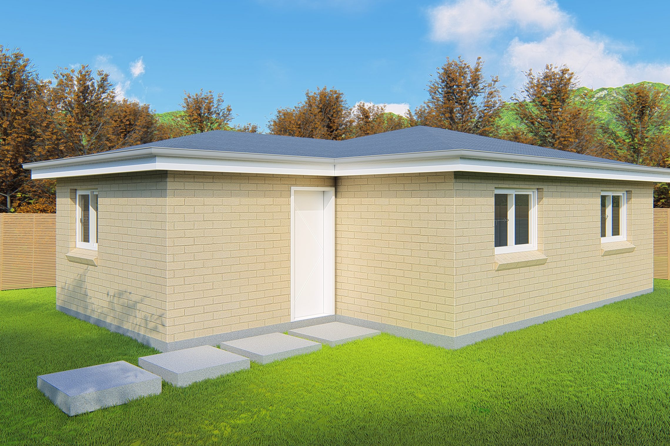 Granny flat surrounded by grass with 4 stepping tiles leading to entry