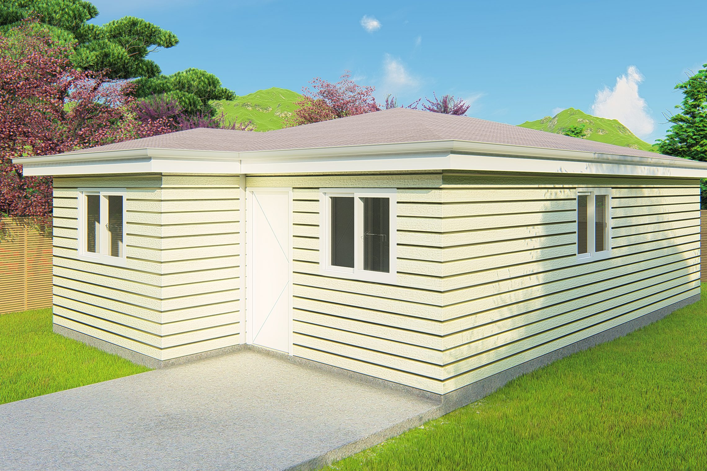 Large cement walkway leading to small white front door of granny flat