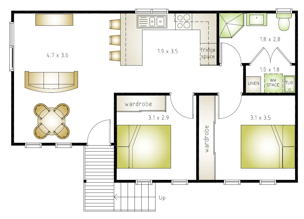 2 bedroom 1 kitchen granny flat floor plan