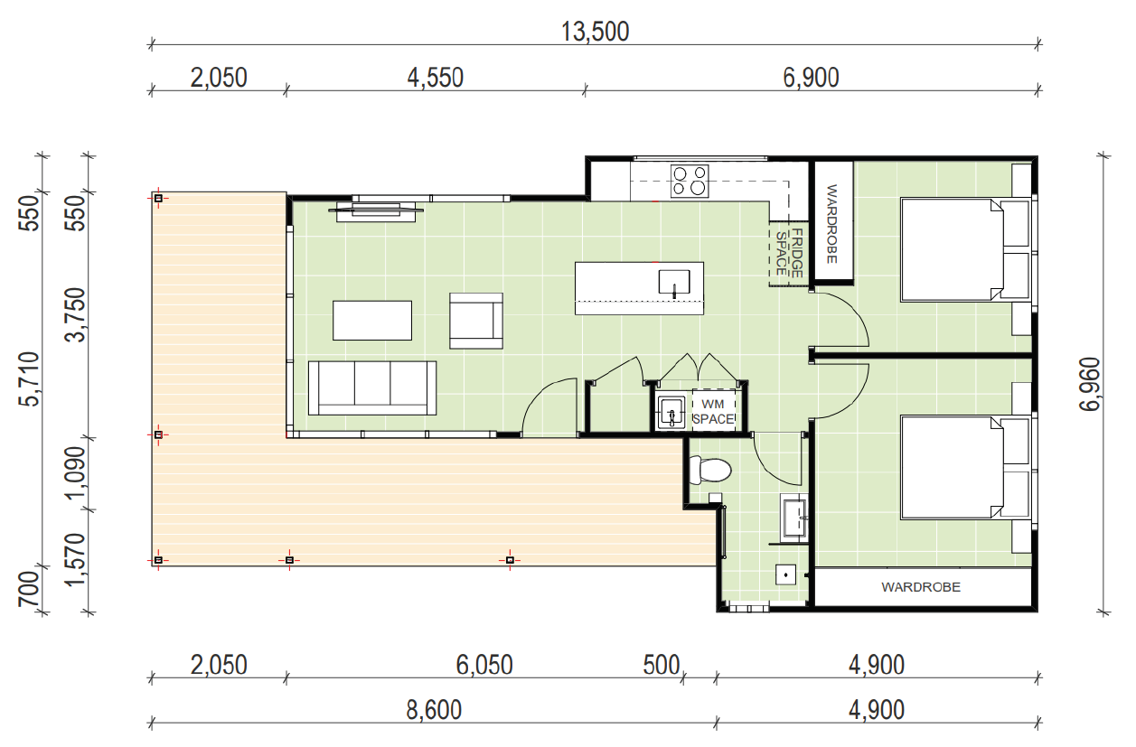 2 bedroom 1 bathroom granny flat floor plan