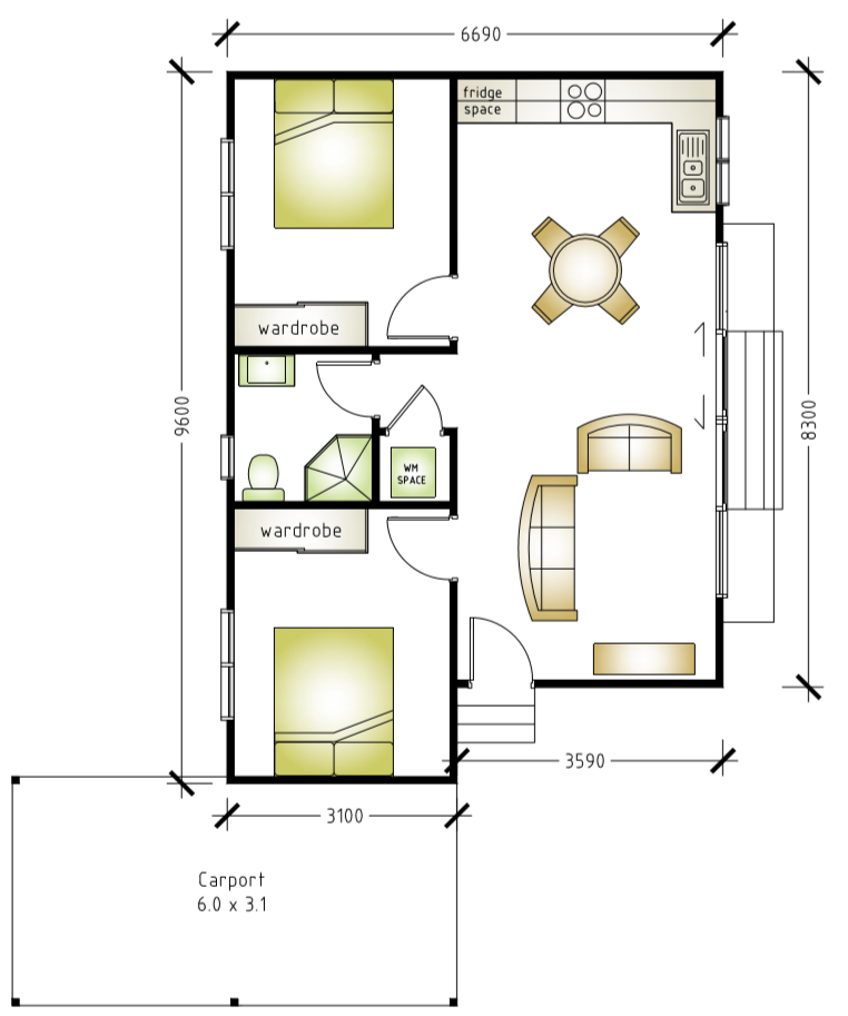 2 bedroom 1 bathroom granny flat floor plan