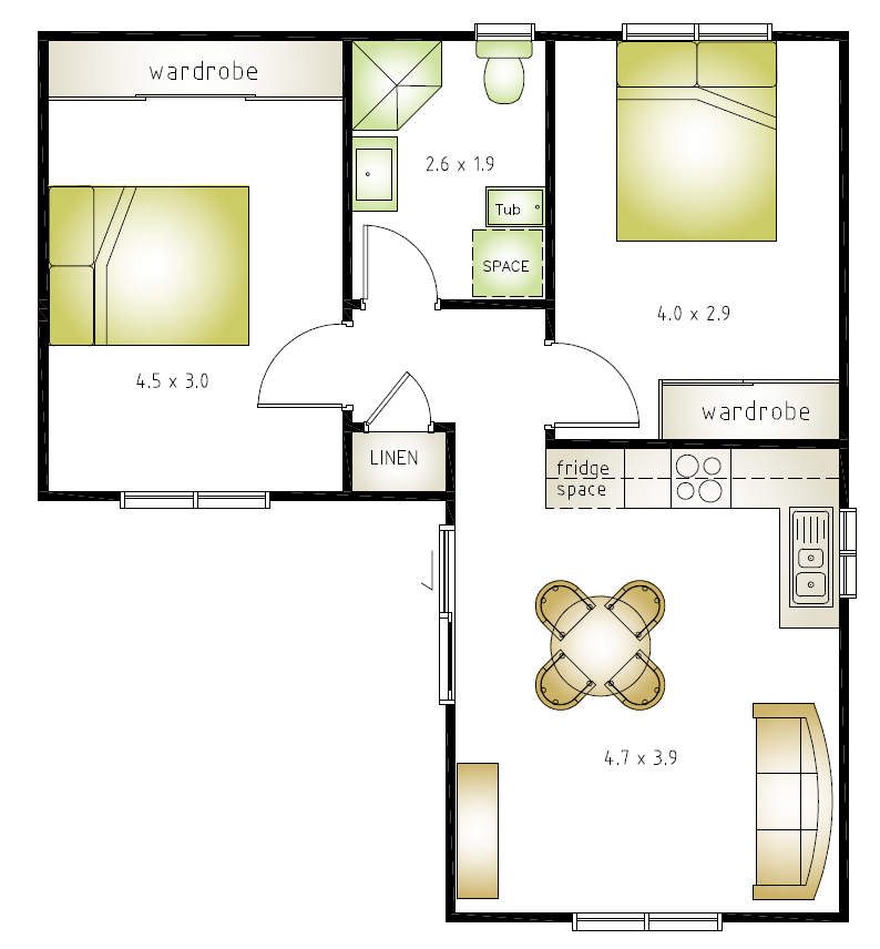 2 bedroom 1 bathroom granny flat floor plan