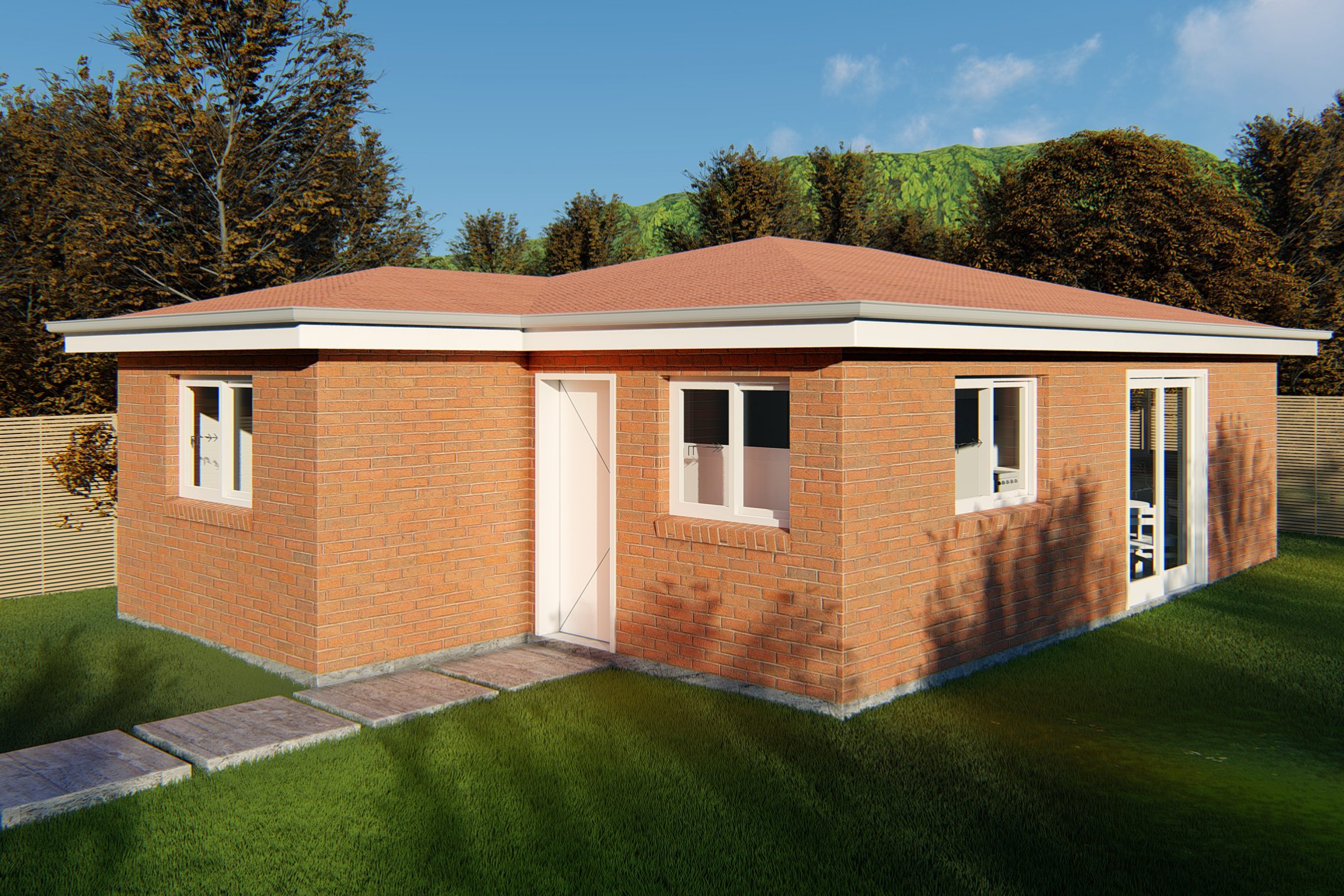 Light brick granny flat surrounded by grass and cement step stones