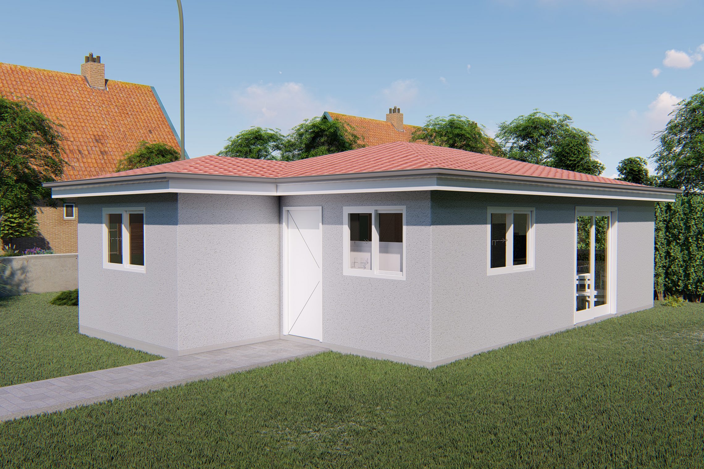 Rendered granny flat with walkway to entry point