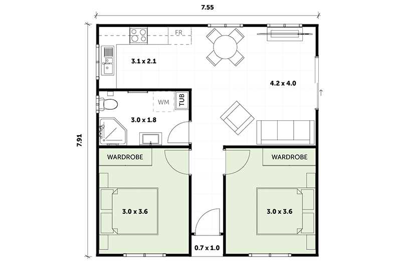 7.91 by 7.55 granny flat with tub