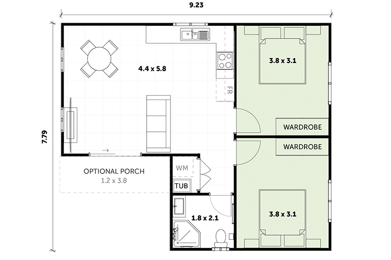 7.79 by 9.23 granny flat with optional porch