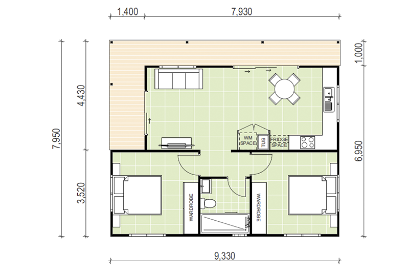 Blueprint of 7,950 by 9,330 granny flat with wrap around walkway