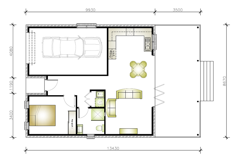 13,430 by 8,670 granny flat floor plan including single garage and patio