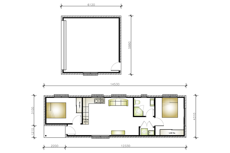 14,530 by 4,310 and 6,120 by 5,990 flat floor plans laid out next to one another