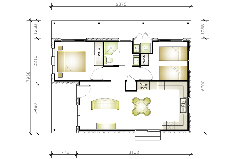 7,958 by 9,875 granny flat floor plan