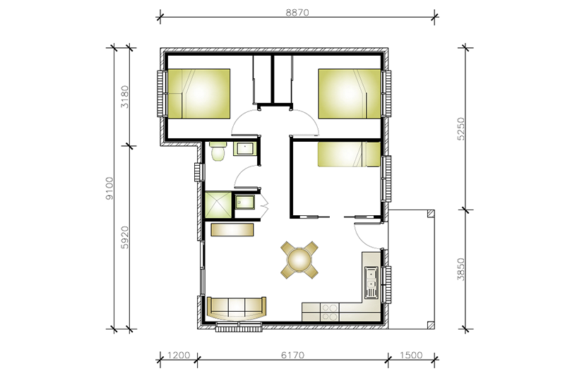 9,100 by 8.870 granny flat floor plan