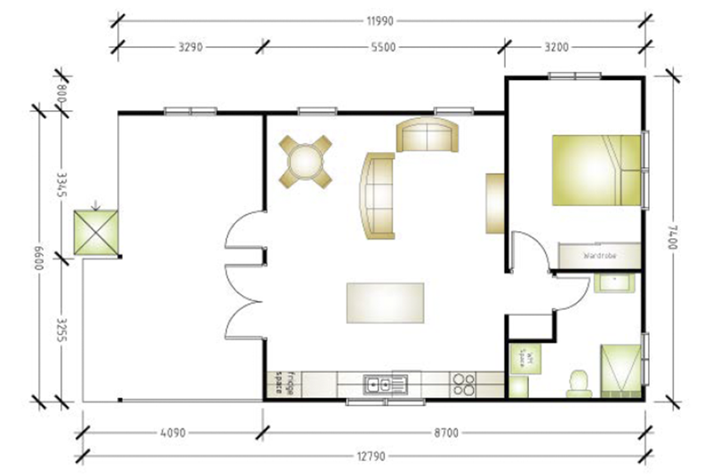 7,400 by 11,990 granny flat floor plan with one bedroom and large porch