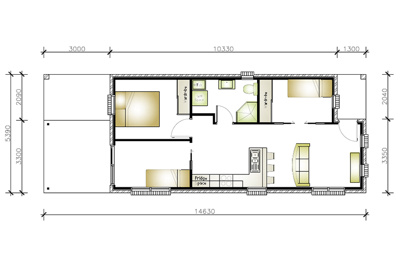 5,390 by 14,630 granny flat floor plan including patio