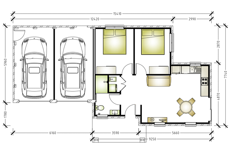 15410 by 7740 granny flat floor plan including two car garage