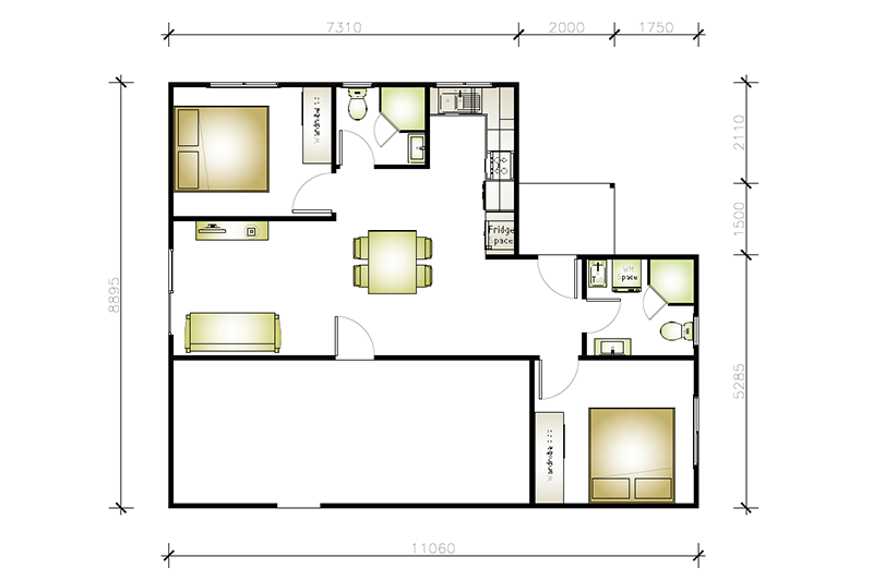 8,895 by 11,060 L-shaped granny flat floor plan 