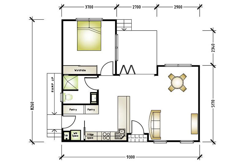 8,260 by 9,300 one bedroom granny flat with ramp up