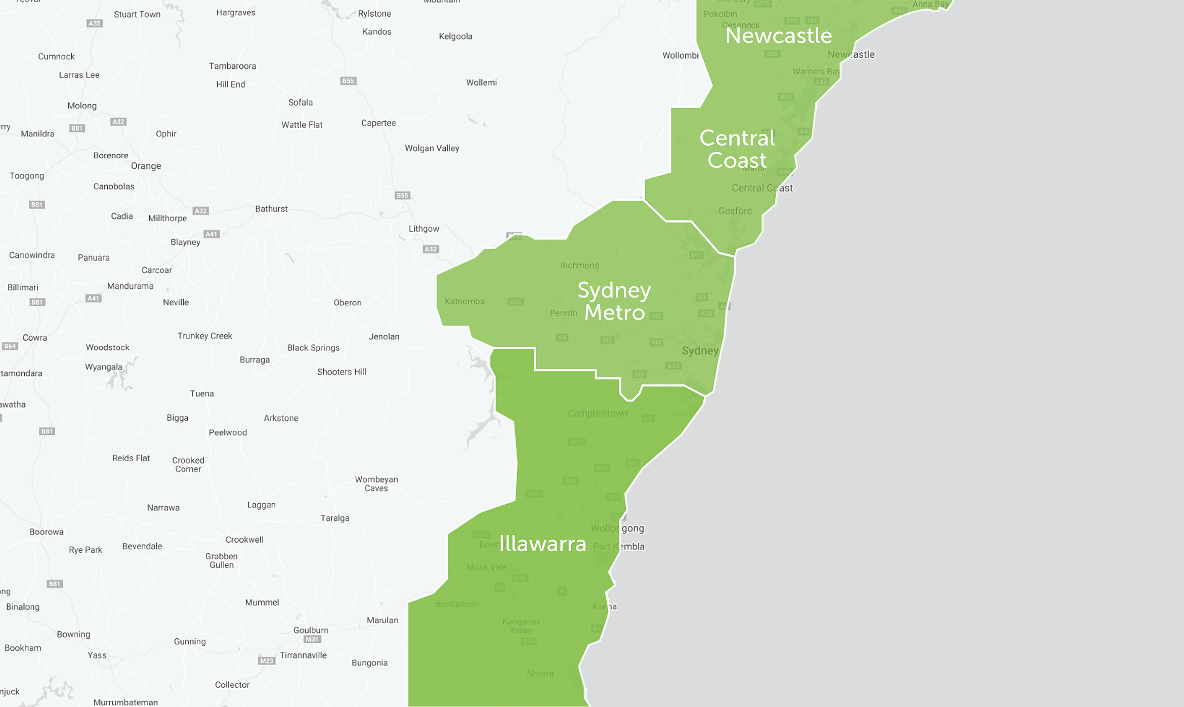 Map of Newcastle, Central Coast, Sydney Metro, and Illawarra