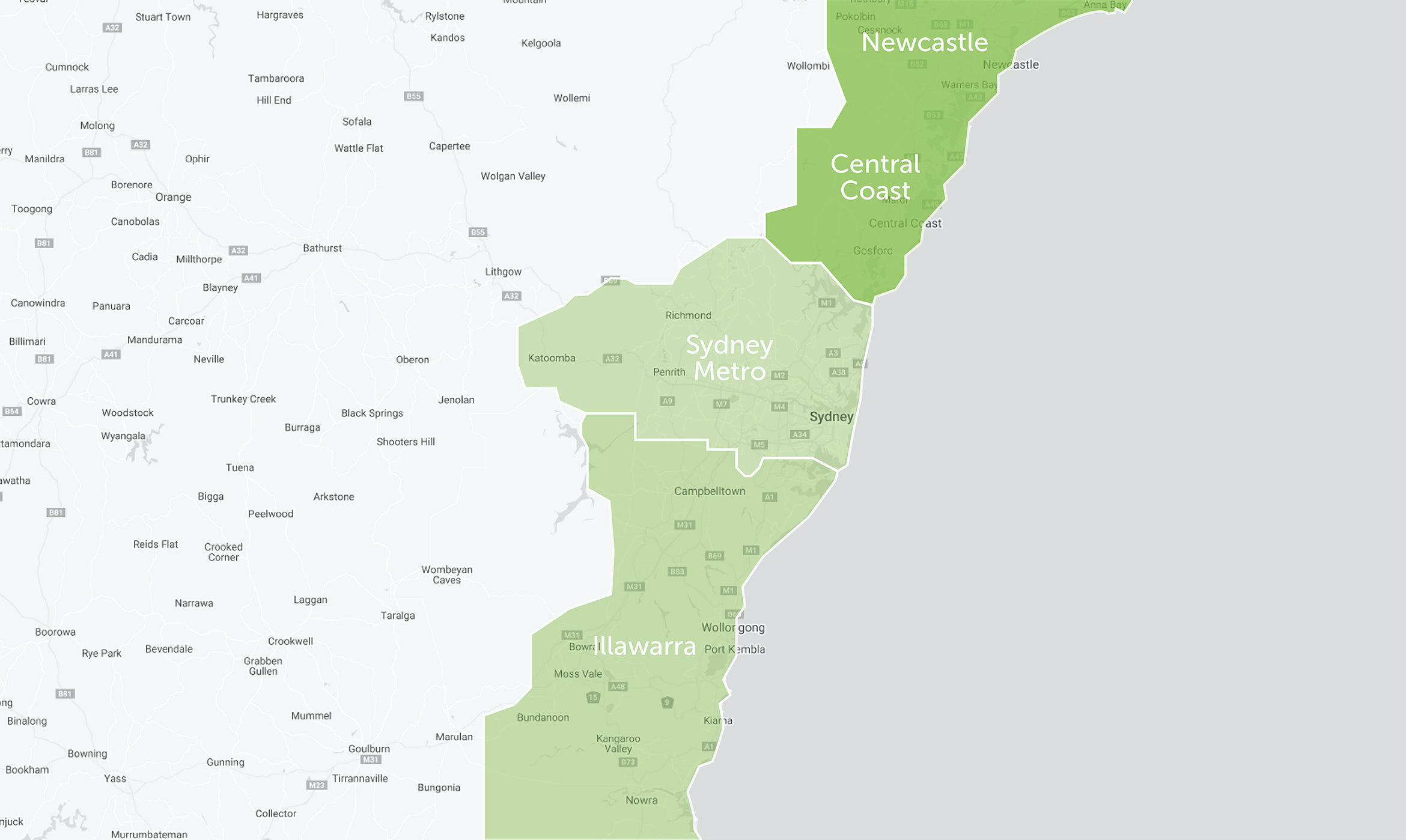 Map of Newcastle, Central Coast, Sydney Metro, and Illawarra