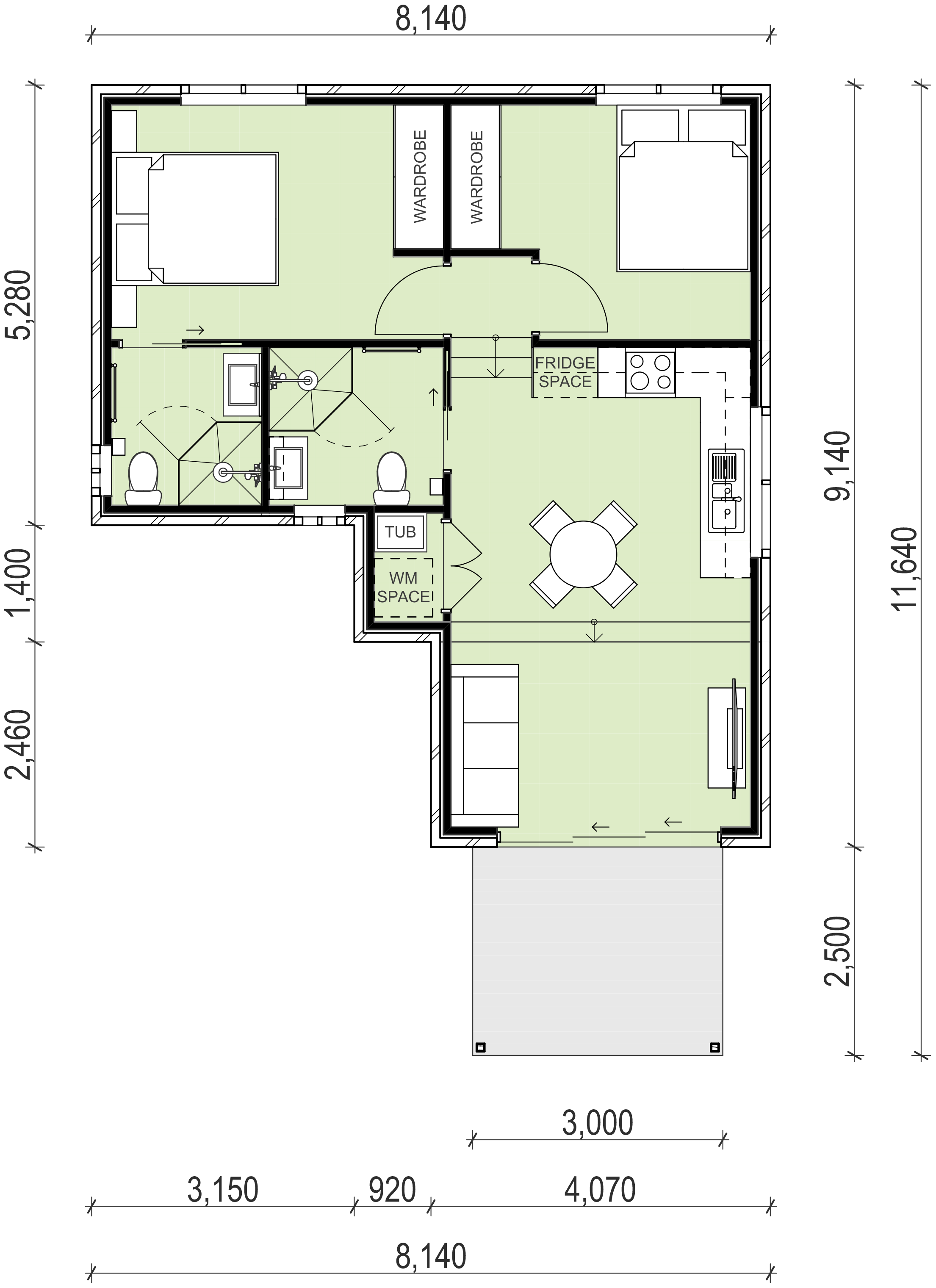 2 bedroom 2 bathroom granny flat floor plan design