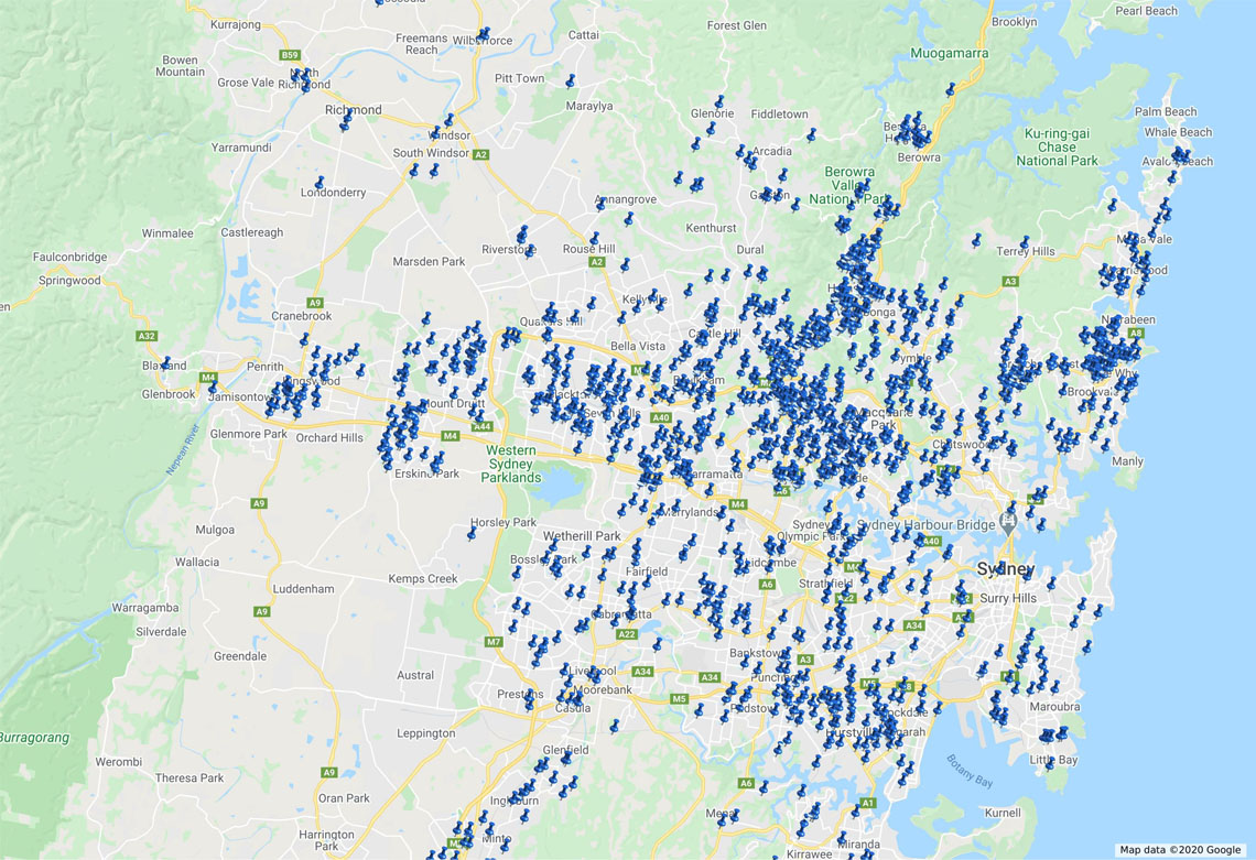 Pins on map of regional New South Wales