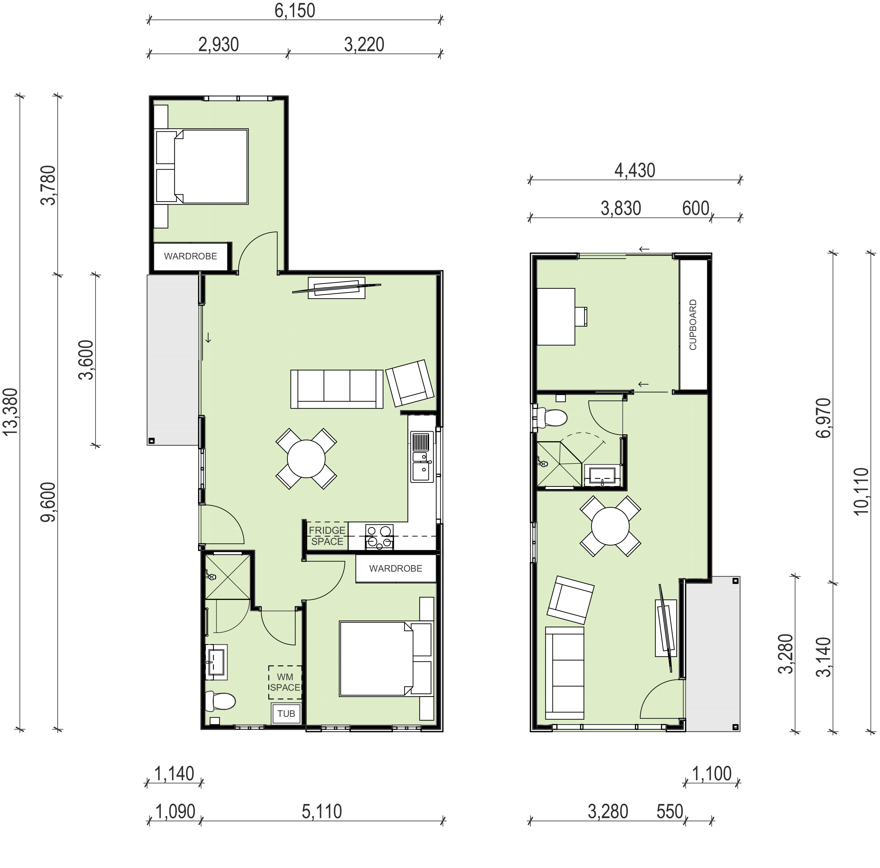 2 bedroom, 2 bathroom floor plan for a combined two building flat