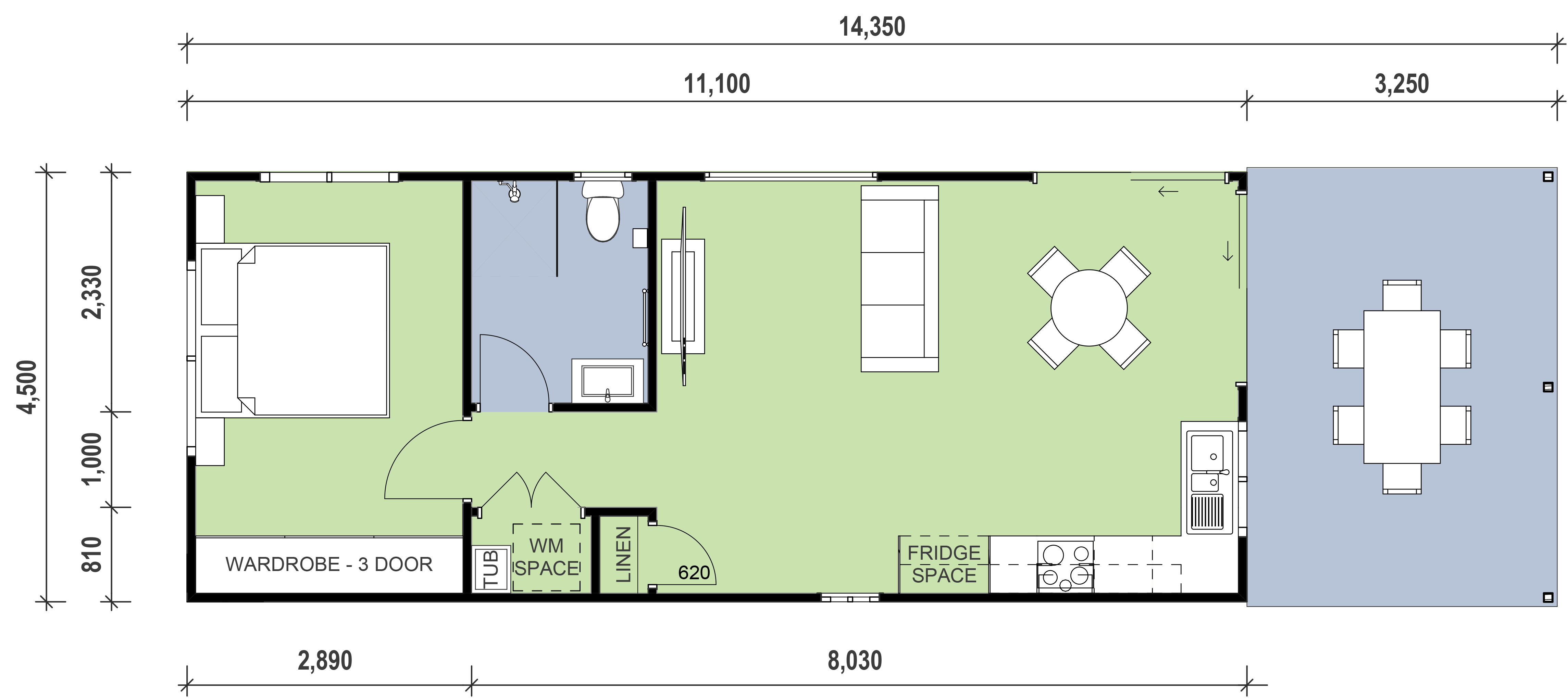 Narrow granny flat floor plan design