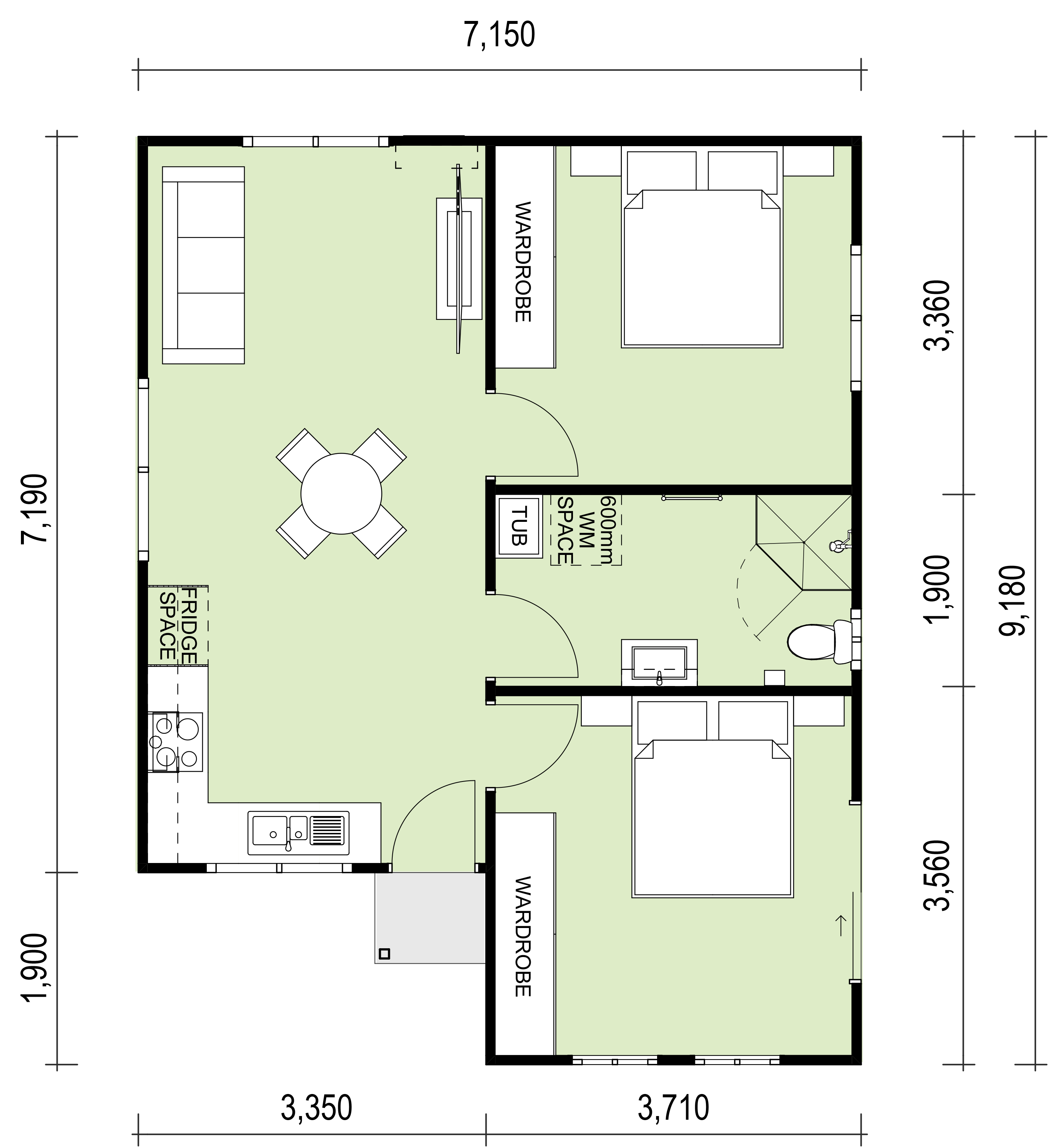 Granny flat floor plan design with 2 bedrooms