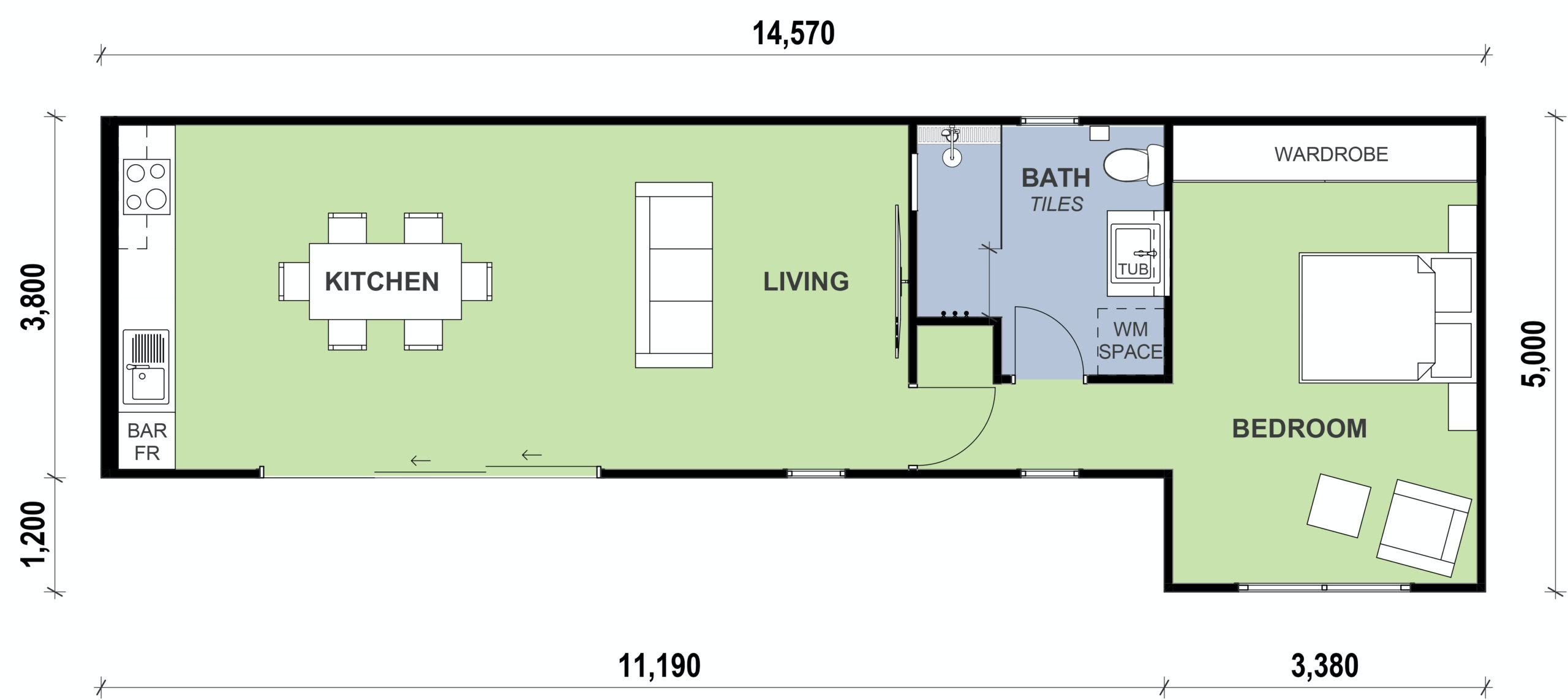 Narrow design granny flat floor plan