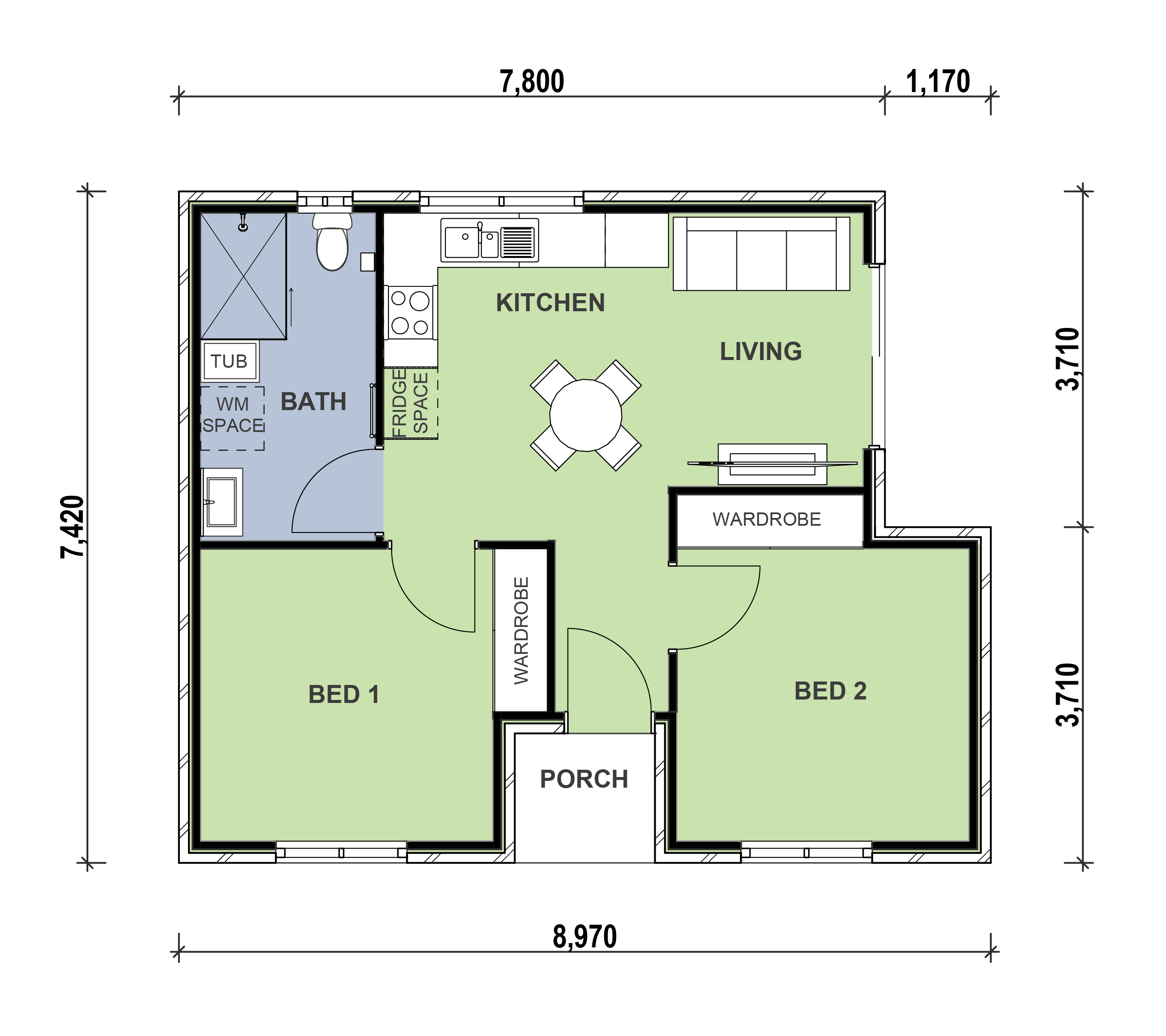 2 bedroom 1 bathroom granny flat floor plan