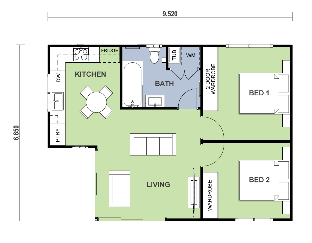 2 bedroom 1 bathroom granny flat floor plan