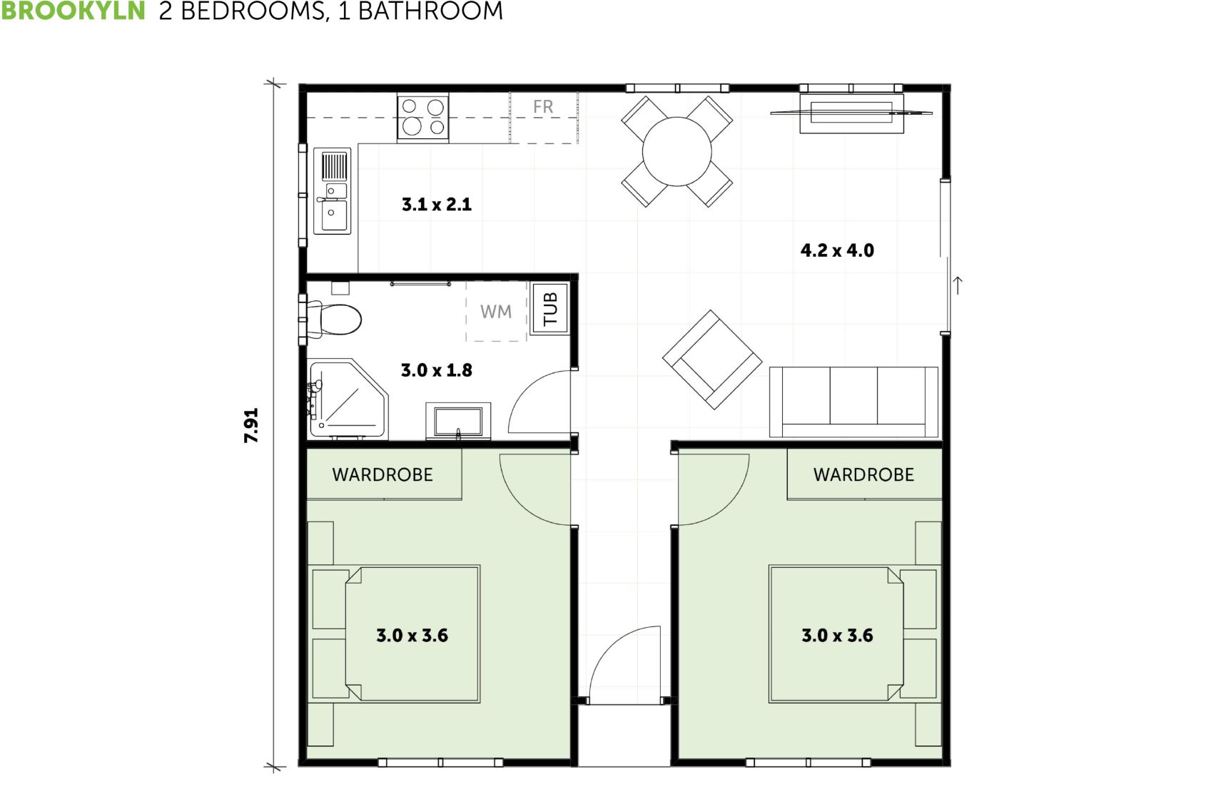 2-bedroom granny flat floor plan