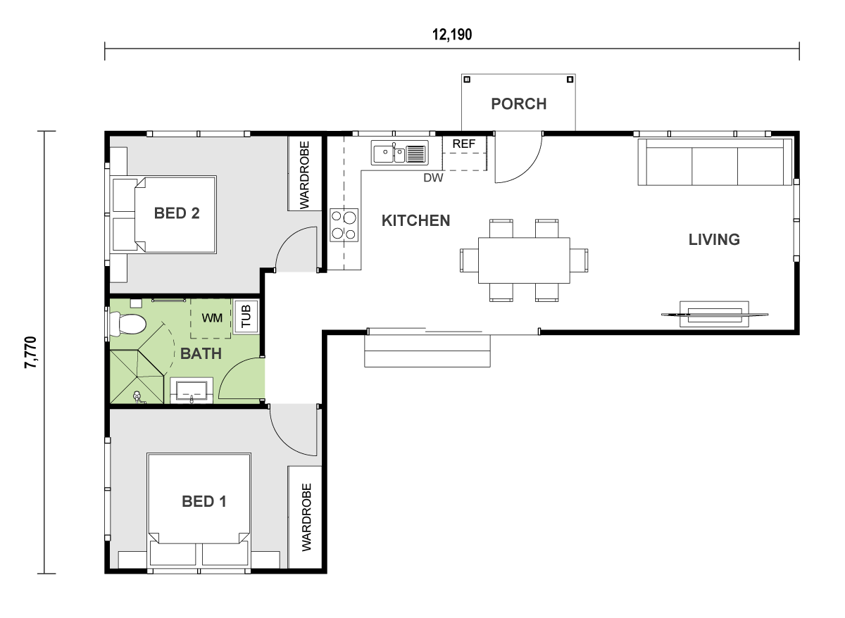 L shaped granny flat floor plan design