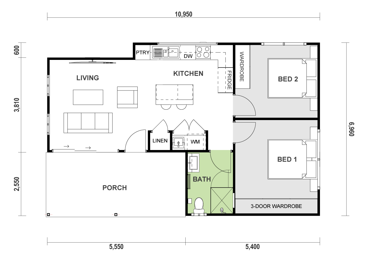 2 bedroom 1 bathroom granny flat with porch